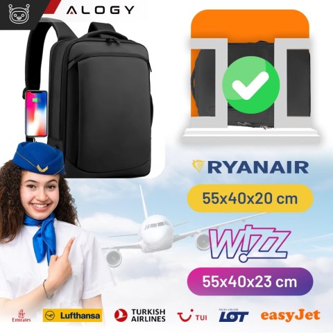 Plecak torba na laptopa 15.6 cal męski damski duży USB do samolotu na walizkę Unisex 42x30x10cm Alogy wodoodporny Czarny