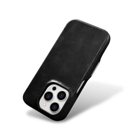 Skórzane kompatybilne z MagSafe etui z klapką do iPhone 15 Pro iCarer Curved Edge Oil Wax Real Leather Folio Case - czarne
