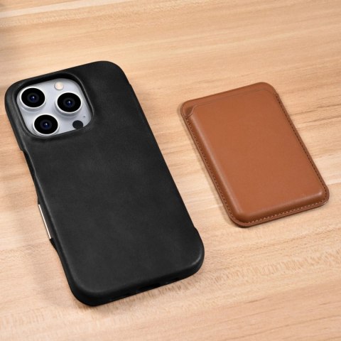 Skórzane kompatybilne z MagSafe etui z klapką do iPhone 15 Pro iCarer Curved Edge Oil Wax Real Leather Folio Case - czarne