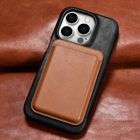 Skórzane kompatybilne z MagSafe etui z klapką do iPhone 15 Pro iCarer Curved Edge Oil Wax Real Leather Folio Case - czarne