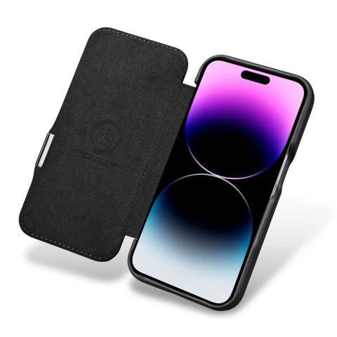 Skórzane kompatybilne z MagSafe etui z klapką do iPhone 15 Pro iCarer Curved Edge Oil Wax Real Leather Folio Case - czarne