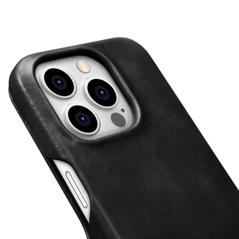 Skórzane kompatybilne z MagSafe etui z klapką do iPhone 15 Pro iCarer Curved Edge Oil Wax Real Leather Folio Case - czarne