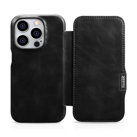 Skórzane kompatybilne z MagSafe etui z klapką do iPhone 15 Pro iCarer Curved Edge Oil Wax Real Leather Folio Case - czarne
