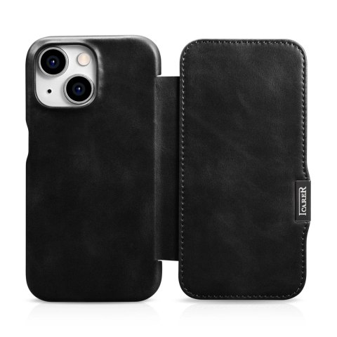 Skórzane kompatybilne z MagSafe etui z klapką do iPhone 15 iCarer Curved Edge Oil Wax Real Leather Folio Case - czarne