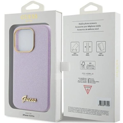 Etui Guess GUHCP15LPGMCSL do iPhone 15 Pro 6.1" liliowy/lilac hardcase Glitter Glossy Script