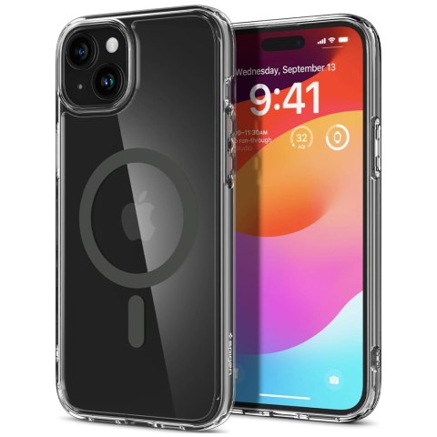 Etui do iPhone 15 Spigen Ultra Hybrid Mag Case do MagSafe obudowa ochronna na telefon Graphite przezroczyste z szarym pierścieni