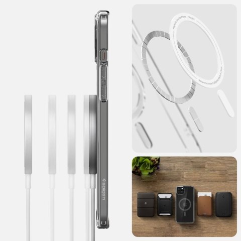 Etui do iPhone 15 Spigen Ultra Hybrid Mag Case do MagSafe obudowa ochronna na telefon Graphite przezroczyste z szarym pierścieni