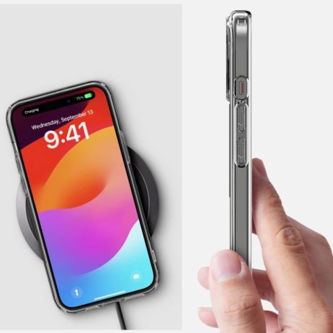 Etui do iPhone 15 Spigen Ultra Hybrid Mag Case do MagSafe obudowa ochronna na telefon Graphite przezroczyste z szarym pierścieni
