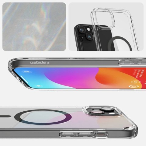 Etui do iPhone 15 Spigen Ultra Hybrid Mag Case do MagSafe obudowa ochronna na telefon Graphite przezroczyste z szarym pierścieni