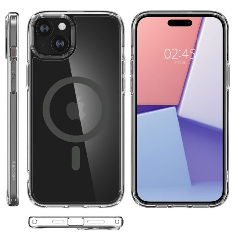 Etui do iPhone 15 Spigen Ultra Hybrid Mag Case do MagSafe obudowa ochronna na telefon Graphite przezroczyste z szarym pierścieni