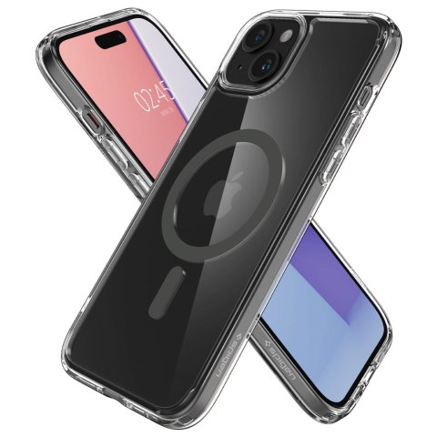 Etui do iPhone 15 Spigen Ultra Hybrid Mag Case do MagSafe obudowa ochronna na telefon Graphite przezroczyste z szarym pierścieni
