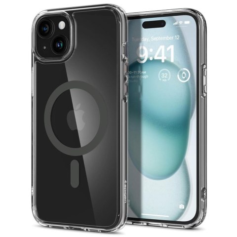 Etui do iPhone 15 Spigen Ultra Hybrid Mag Case do MagSafe obudowa ochronna na telefon Graphite przezroczyste z szarym pierścieni