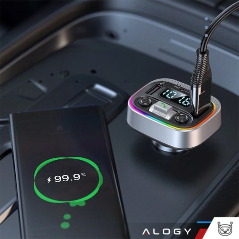 Transmiter samochodowy Bluetooth FM MP3 Szybka Ładowarka 2 x USB QC 3.0 + USB-C C PD 20W LED RGB Alogy Car srebrny