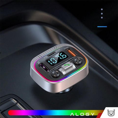 Transmiter samochodowy Bluetooth FM MP3 Szybka Ładowarka 2 x USB QC 3.0 + USB-C C PD 20W LED RGB Alogy Car srebrny