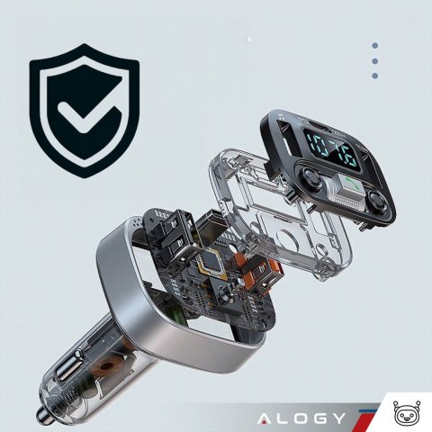 Transmiter samochodowy Bluetooth FM MP3 Szybka Ładowarka 2 x USB QC 3.0 + USB-C C PD 20W LED RGB Alogy Car srebrny