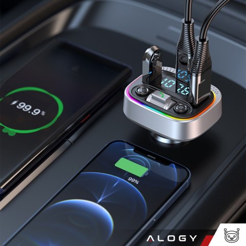 Transmiter samochodowy Bluetooth FM MP3 Szybka Ładowarka 2 x USB QC 3.0 + USB-C C PD 20W LED RGB Alogy Car srebrny