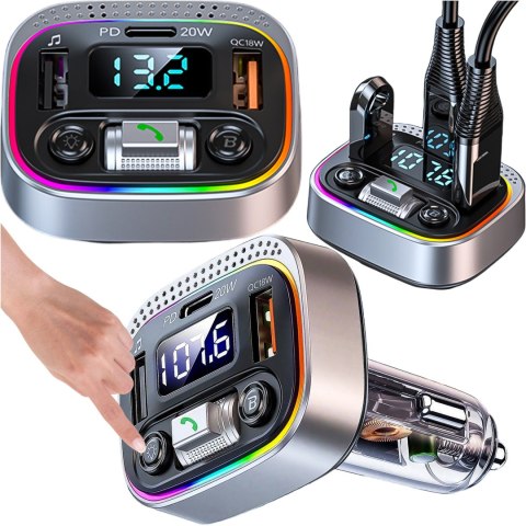Transmiter samochodowy Bluetooth FM MP3 Szybka Ładowarka 2 x USB QC 3.0 + USB-C C PD 20W LED RGB Alogy Car srebrny