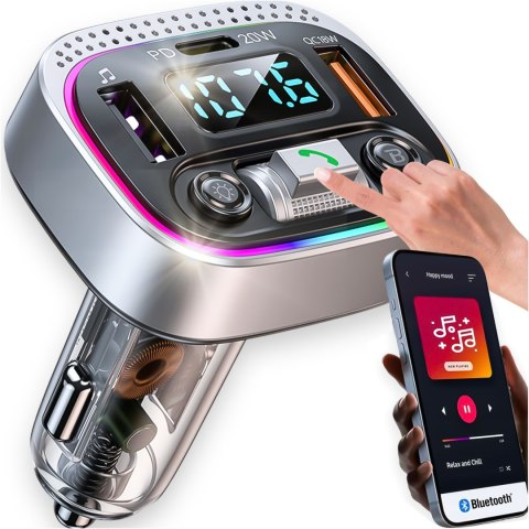 Transmiter samochodowy Bluetooth FM MP3 Szybka Ładowarka 2 x USB QC 3.0 + USB-C C PD 20W LED RGB Alogy Car srebrny