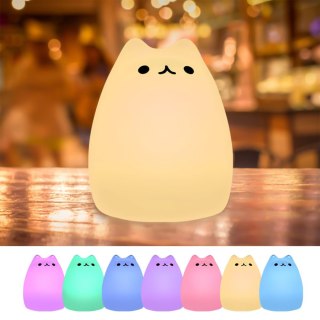 Lampka nocna LED RGB dla dzieci kotek kot akumulatorowa USB 16 kolorów silikonowa dotykowa biała