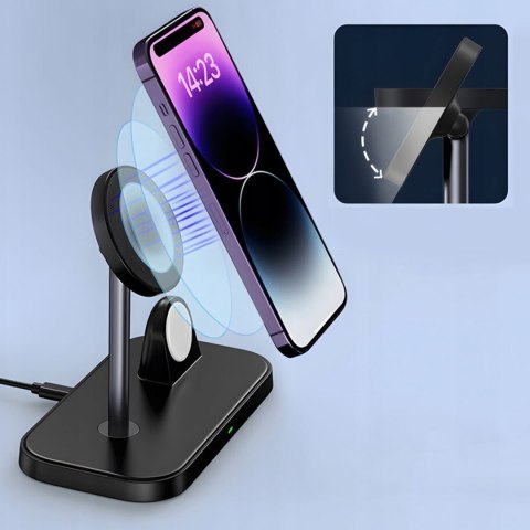 Ładowarka indukcyjna Qi Mag Safe 15W do iPhone Apple Watch AirPods 3w1 bezprzewodowa stojak podstawka stacja Czarna