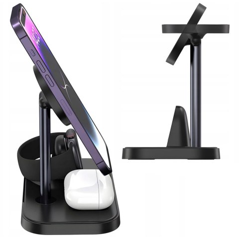 Ładowarka indukcyjna Qi Mag Safe 15W do iPhone Apple Watch AirPods 3w1 bezprzewodowa stojak podstawka stacja Czarna