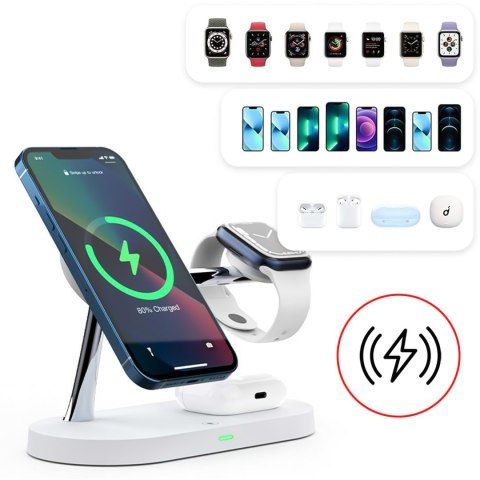 Ładowarka indukcyjna Qi Mag Safe 15W do iPhone Apple Watch AirPods bezprzewodowa 5w1 Stacja dokująca Biała