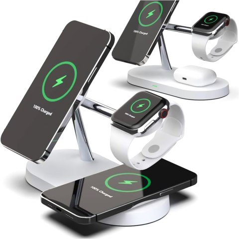 Ładowarka indukcyjna Qi Mag Safe 15W do iPhone Apple Watch AirPods bezprzewodowa 5w1 Stacja dokująca Biała