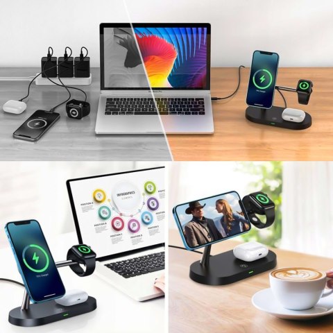 Ładowarka indukcyjna Qi Mag Safe 15W do iPhone Apple Watch AirPods bezprzewodowa 5w1 Stacja dokująca Czarna