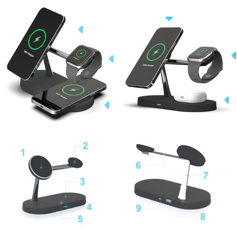 Ładowarka indukcyjna Qi Mag Safe 15W do iPhone Apple Watch AirPods bezprzewodowa 5w1 Stacja dokująca Czarna