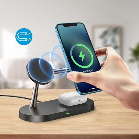 Ładowarka indukcyjna Qi Mag Safe 15W do iPhone Apple Watch AirPods bezprzewodowa 5w1 Stacja dokująca Czarna