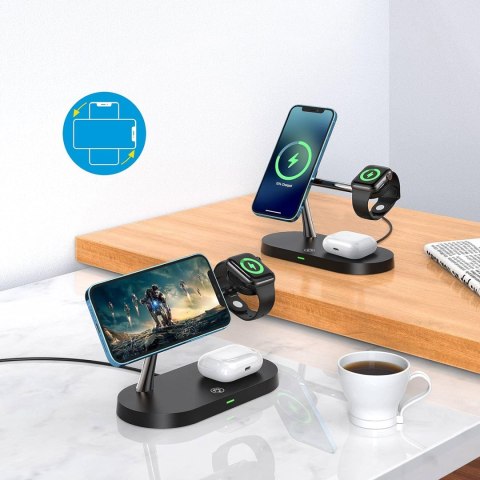 Ładowarka indukcyjna Qi Mag Safe 15W do iPhone Apple Watch AirPods bezprzewodowa 5w1 Stacja dokująca Czarna
