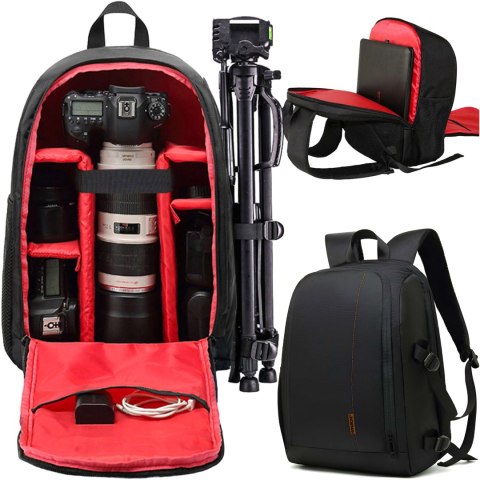 Plecak fotograficzny wodoodporny pokrowiec na aparat, sprzęt fotograficzny, laptop 15.6 duży 44x30x19 Czarno-czerwony