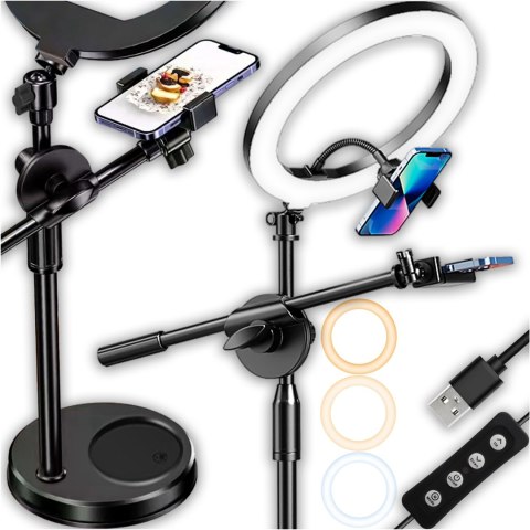 Lampa pierścieniowa LED Ring 10" 2x uchwyt na telefon stojąca statyw na biurko regulowane ramie Alogy Czarna