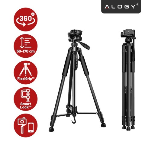 Statyw Fotograficzny Tripod Uniwersalny stojak do Kamer 1/4 uchwyt na telefon aparat 170cm Alogy Czarny
