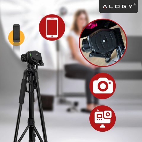 Statyw Fotograficzny Tripod Uniwersalny stojak do Kamer 1/4 uchwyt na telefon aparat 170cm Alogy Czarny