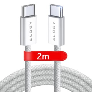 Kabel USB-C typ C mocny szybki PD 2M do iPhone 15 Alogy nylonowy przewód Biały