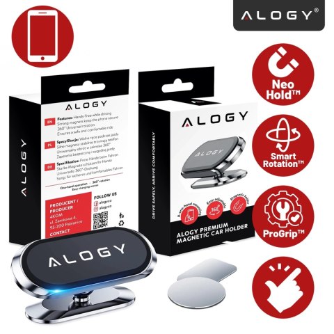 Uchwyt magnetyczny samochodowy do telefonu - uniwersalny, na kokpit i deskę rozdzielczą, stabilny i mocny - Alogy SilverMount™ S