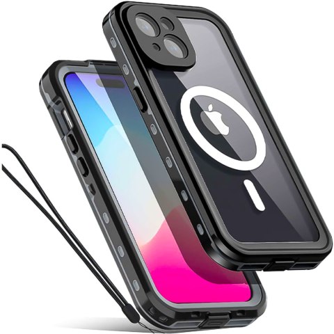 Etui do iPhone 15 Plus wodoodporne Mag Safe Case pancerne wodoszczelne obudowa czarno-szare