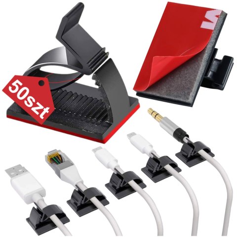 Samoprzylepne klipsy x50 Organizer biurkowy kabli organizery na kable przewody na blat biurko taśma 3M Alogy [50szt]