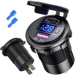 Ładowarka samochodowa USB QC 3.0 + USB-C type-C PD adapter gniazdo zapalniczki samochodu Woltomierz LED 48W szybka do telefonu c