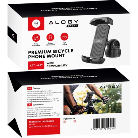 Uchwyt rowerowy do telefonu 4.7-6.8" - regulowany, obrót 360°, stabilne mocowanie na kierownicę roweru i motocykla - Alogy Sport