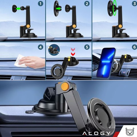 Uchwyt samochodowy magnetyczny na telefon do samochodu auta na szybę kokpit deskę do telefonu Mag Safe Alogy Czarny