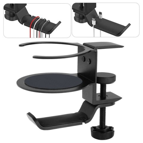 Uchwyt organizer na biurko 2w1 na kubek słuchawki kable biurkowy aluminiowy podstawka wieszak hak Alogy Czarny