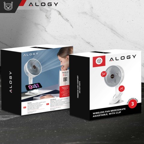 Wentylator wiatrak biurkowy stojący mały cyrkulator z klipsem bezprzewodowy ręczny 500mAh USB-C Alogy Biały
