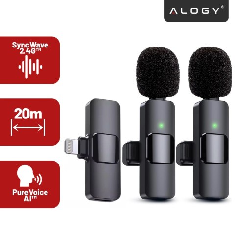2x mikrofon krawatowy bezprzewodowy Alogy Lightning do Apple iPhone iPad małe mikrofony zestaw dwóch mikrofonów