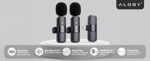 2x mikrofon krawatowy bezprzewodowy Alogy Lightning do Apple iPhone iPad małe mikrofony zestaw dwóch mikrofonów