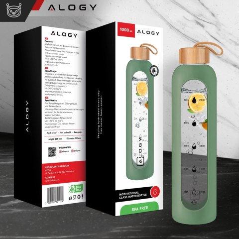 Butelka szklana duża bidon na napoje do picia Alogy Miarka motywacyjna 1l 1000ml etui silikonowe Oliwkowa