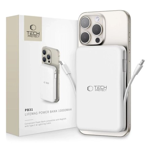 Powerbank magnetyczny z przewodem PB31 Lifemag Magsafe Power Bank 10000 mAh (Typ C + Lightning) Biały