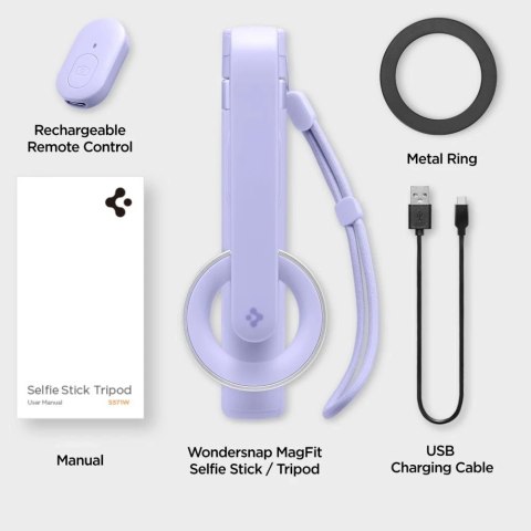 Selfie Stick Kijek Statyw Tripod Spigen S580W MagSafe Bluetooth uchwyt do telefonu zdjęć + Pilot Fioletowy