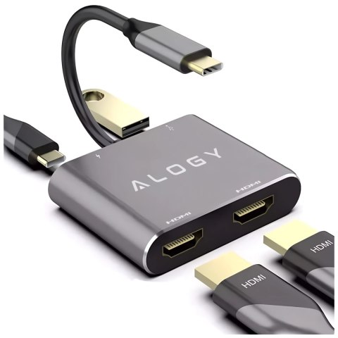 Adapter HUB 4w1 Alogy przejściówka USB-C do 2x HDMI USB 3.0 USB-C szybkie ładowanie PowerDelivery PD 100W
